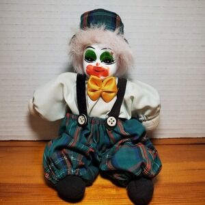 VTG HOBO Clown Doll Sand‎ Filled Body With Porcelain Face Green Plaid Overalls